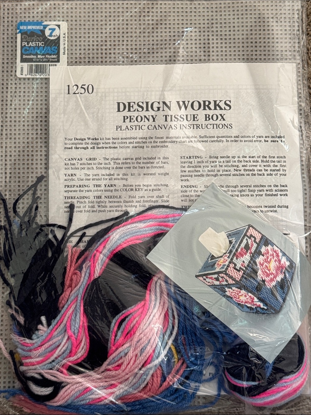 Peony Tissue Box Plastic Canvas needlepoint Kit - Pink & Black